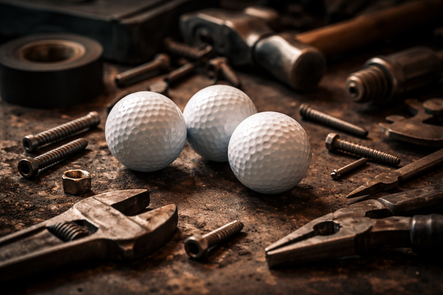 Golf balls and work tools on a workbench
